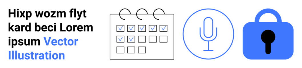 Calendar with checkboxes, microphone icon in circle, and locked padlock. Ideal for task management, productivity, events planning, voice recording, privacy, security, scheduling. Banner for landing