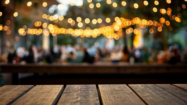 Wooden Table with Blurred Background of People and Lights, table top, tabletop, surface, texture, bokeh