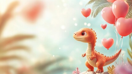 Cute baby dinosaur with balloons in dreamy, pastel setting