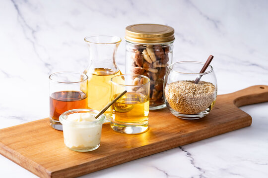 Many kinds of oil - white marble background - for healthcare 4