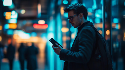 Young man using smartphone on a bustling city street in the evening glow