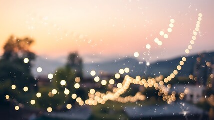 Naklejka premium Defocused View of a City at Sunset with String Lights and Glitter