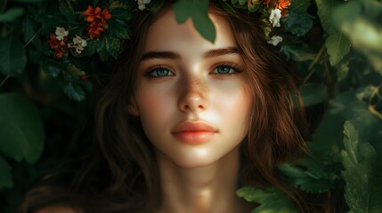 Naklejka premium A serene young woman with green eyes surrounded by lush foliage and flowers.