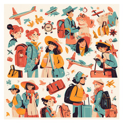 Fototapeta premium Illustration of People Traveling with Backpacks and Suitcases