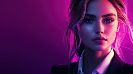 Woman with realistic face proportions and light hair, business clothes, purple light, solid dark purple background, synthwave art