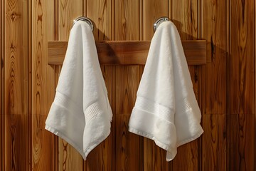 Three beige towels hanging on wooden wall in bathroom.