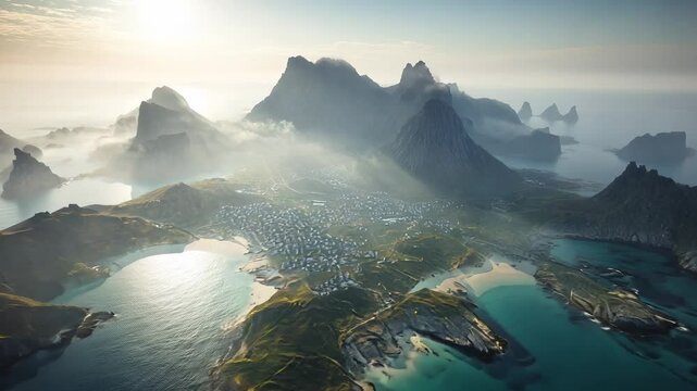 Aerial view of a coastal town surrounded by mountains and fog, sea, ocean, islands, coastline, landscape