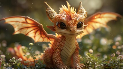 A cute, orange dragon with large eyes and wings sits in a field of flowers.