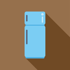 Closed light blue refrigerator preserving fresh food, with long shadow on brown background