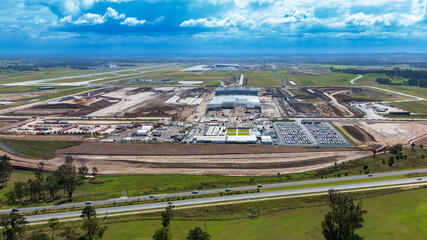 Drone aerial photograph of the new Western Sydney International Airport cargo precinct currently...