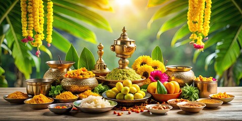 Vishu Kani set up with traditional offerings, Vishu, celebration, festival, Hindu, tradition, Kerala, culture, auspicious