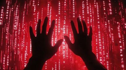 Digital hacker hands trying to break into a secure firewall. Data hacker hands. Stealing digital data.