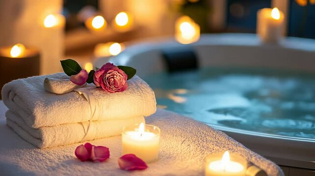 Spa Relaxation with Candlelight and Towels, candles, bath, jacuzzi, hot tub, rose