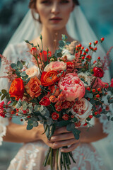Elegant bride holding a bouquet of flowers