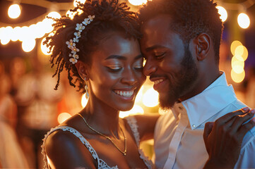 A young African American couple embracing and smiling at each other during a sunset