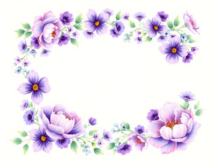 Watercolor floral border - frame. Violet flowers and eucalyptus greenery illustration isolated on transparent background. Purple roses
