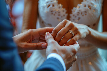 Groom Places Ring on Bride's Finger During Wedding Ceremony