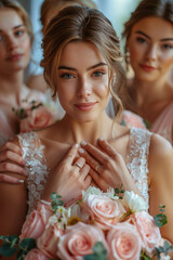 Bride and Bridesmaids in Pink Dresses with Bouquets on Wedding Day