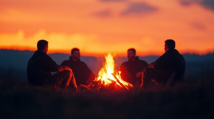 Friends gathered around a crackling campfire sharing stories laughter and cherished moments as the sun dips below the horizon painting the sky in warm hues