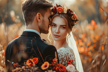 A young Caucasian woman with long brown hair wearing a white lace wedding dress and a floral crown, standing next to a Caucasian man in a dark suit