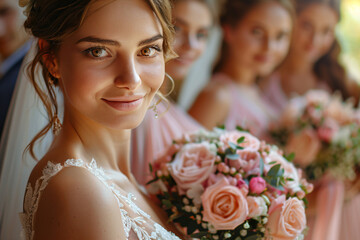 Bride and Bridesmaids in Pink Dresses with Bouquets on Wedding Day