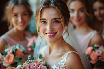 Bride and Bridesmaids in Pink Dresses with Bouquets on Wedding Day