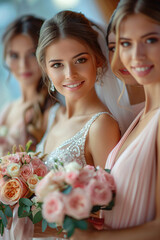Bride and Bridesmaids in Pink Dresses with Bouquets on Wedding Day