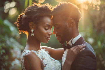 A young African American couple in a romantic embrace, the woman wearing a white lace wedding dress and the man in a dark suit. They are standing outdoors in a lush
