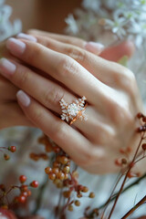Bride's hand wearing a gold ring, Close up