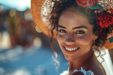 Young Hispanic Woman with Curly Hair and Red Flower in Hat, Smiling