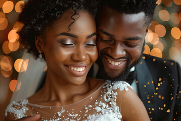 A smiling African American bride and groom embracing on their wedding day, the bride wearing a white lace dress and the groom wearing a dark suit