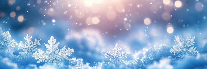 Beautiful Snowflakes falling on a blue background with copy space for Christmas and New Year celebrations . High Quality Image