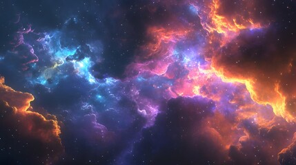 Naklejka premium Vibrant cosmic clouds filled with hues of blue, purple, and orange against a starry background.