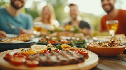 A group of friends enjoying a lively backyard barbecue in a delicious homemade meal together surrounded by the warm festive atmosphere and laughter