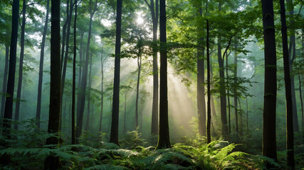 Fototapeta premium Lush green forest with tall trees and a misty atmosphere, capturing the tranquility of nature. Sunlight filters through the foliage, creating a peaceful scene.
