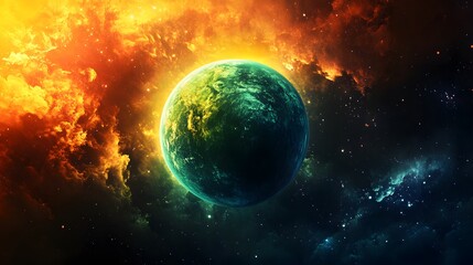 Fototapeta premium A vibrant, celestial view of a distant planet amidst a cosmic backdrop.