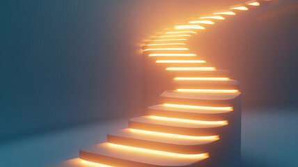 glowing staircase leads upward, symbolizing path to success with illuminated steps. soft light creates serene and inspiring atmosphere, inviting exploration and ambition