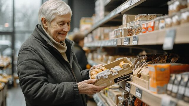 Senior woman shopping for groceries in a supermarket, grocery store, customer, elderly, food, shelves