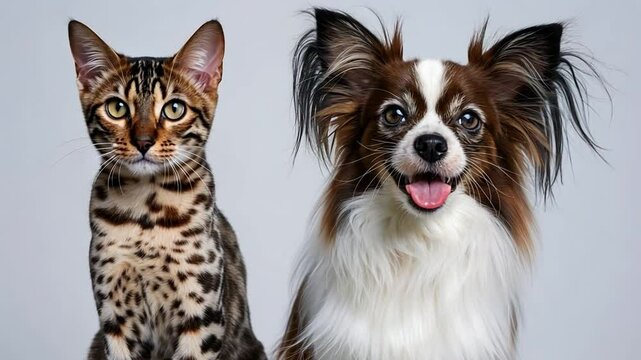 High-res studio photo of Bengal cat and Papillon dog on white background. Cat has rosette coat, green eyes; dog has butterfly ears, brown patches, cheerful expression.