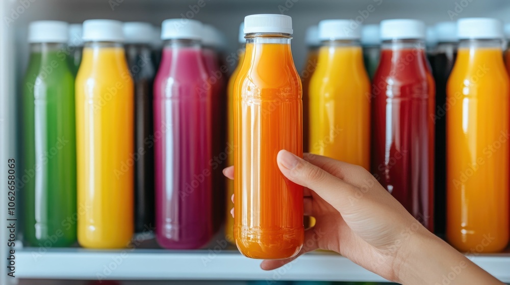 Poster close up shot of a hand reaching out to grasp a bottle of fresh juice inside a neatly arranged and o