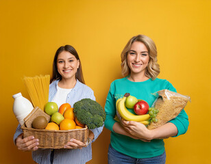 Two individuals holding various grocery items against a bright yellow background. This vibrant image highlights a mix of healthy foods and household essentials, emphasizing nutrition and daily living.
