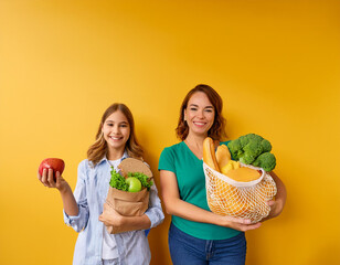 Two individuals holding various grocery items against a bright yellow background. This vibrant image highlights a mix of healthy foods and household essentials, emphasizing nutrition and daily living.