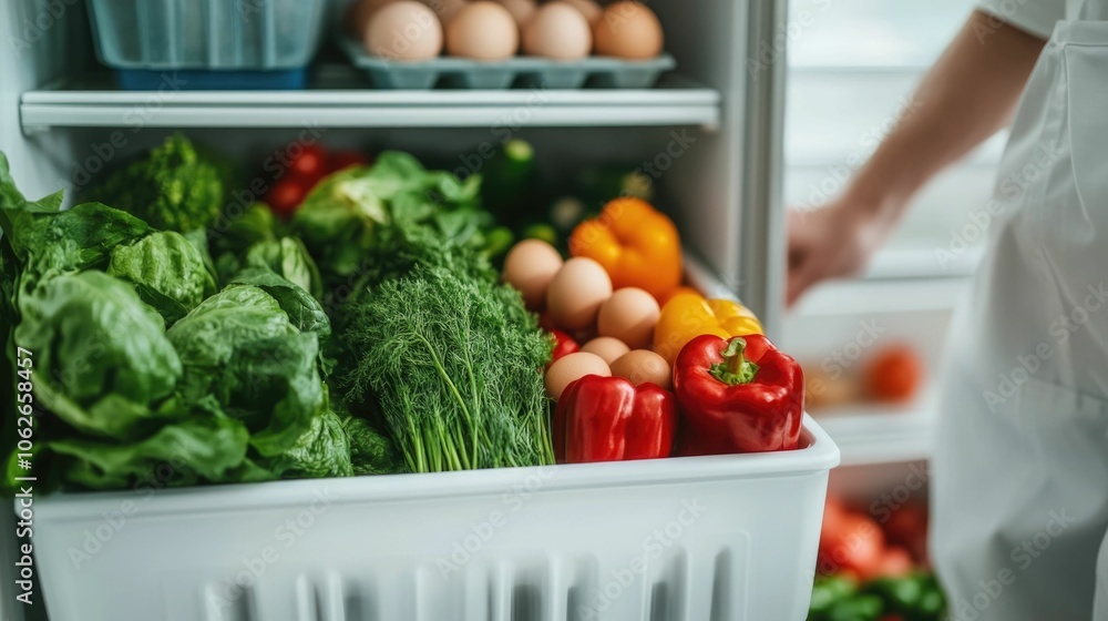 Poster overhead view of a person s hands a refrigerator with an array of fresh produce eggs and dairy items