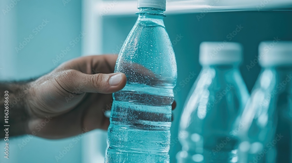 Poster close up shot of a hand reaching into a fridge and grabbing a bottle of clear sparkling water with a