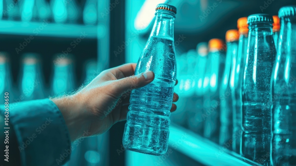 Poster close up hand reaching to grab a bottle of refreshing sparkling mineral water from a fridge shelf wi