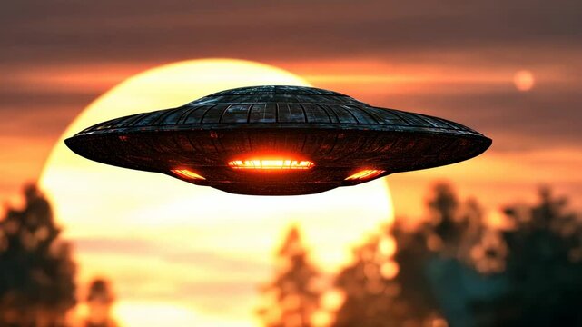 UFO Flying Over Sunset, flying saucer, spaceship, alien, extraterrestrial, science fiction
