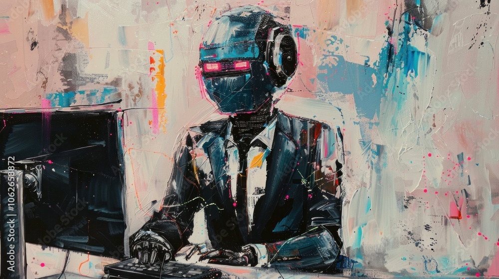 Poster futuristic robot businessman working on a computer, blending technology and art in a colorful abstra