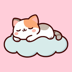 cute cat sleeping on the cloud cartoon character flat color vector illustration template design