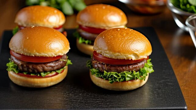 Closeup of Delicious Mini Burgers on Black Slate Plate, slider, sliders, small burger, beef burger, hamburger