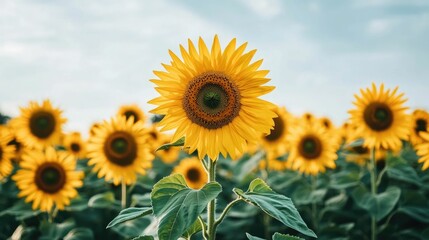 Obraz premium Bright golden sunflowers standing tall and proud in a vast scenic field their vibrant yellow petals glowing in the warm afternoon sunshine The flowers are surrounded by lush verdant foliage